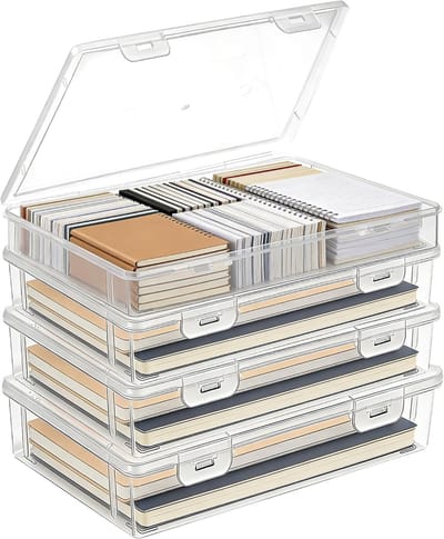 Set van 4 Transparante A5 Opbergdozen met Vergrendelbare Deksel - Stapelbare Organizers voor Documenten, Kantoorbenodigdheden, Foto's en Hobbyspullen (22 x 15,5 x 5 cm)