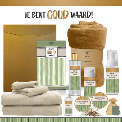 Geschenkset “Je bent goud waard!” - 12 producten - 1910 gram | Triomf Groene Strepen - Giftset voor haar hem Cadeau Luxe Wellness Pakket Vrouw Man Speciaal Cadeaupakket Geschenk Verjaardag Kerst Kerstpakket Gift Set Giftset Goud Beige