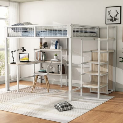 MEUNIQ Hoogslaper 140 x 200 cm met bureau, trap, planken en kledingkast, metalen frame en MDF, wit, voor slaapkamer