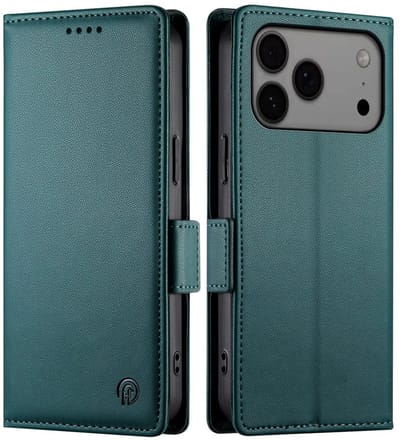 Lunso Geschikt voor iPhone 17 Pro Max hoesje - PU leren Bookcase met ruimte voor pasjes - Groen