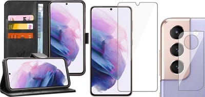 Hoesje geschikt voor Samsung Galaxy S21 FE - Book Case Kunstleer Wallet Cover Portemonnee Pasjeshouder Hoes Zwart - Tempered Glass Screenprotector - Camera Lens Protector