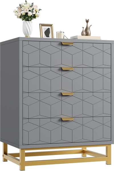 Moderne Grijze Ladekast met 5 Laden - Gouden Handgrepen & Metalen Poten - Stijlvolle Commode voor Slaapkamer, Woonkamer en Hal - 60 cm Breed