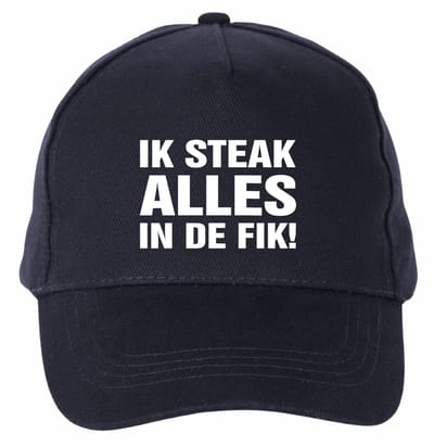 Mijncadeautje - 5 panel - Cap - Verstelbaar - Pet van 100% dik geborsteld katoen- unisex - opdruk wit - Ik Steak Alles in de Fik - navy blauw