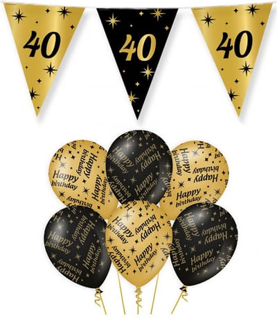 40 jaar verjaardag versiering pakket zwart/goud vlaggetjes/ballonnen