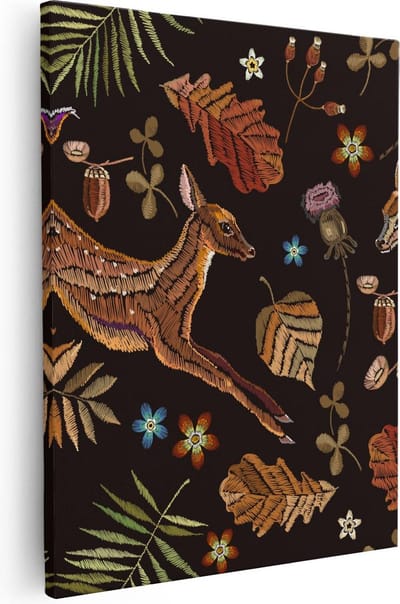 Artaza Canvas Schilderij Herten Borduurstijl - 40x50 cm - Muurdecoratie Bloemen - Wanddecoratie Herfst - Kamer Accessoires