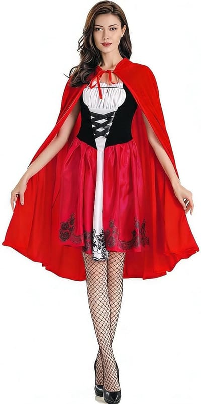 Dames Kostuum voor Carnaval en Halloween met Rode Cape, Zwarte Kousen en Sprookjes Thema