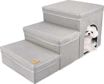 Hondentrap met 3 Treden - Opvouwbaar en Multifunctioneel - Dierentrap voor Kleine Honden en Katten - Inclusief Opbergdoos - Grijs
