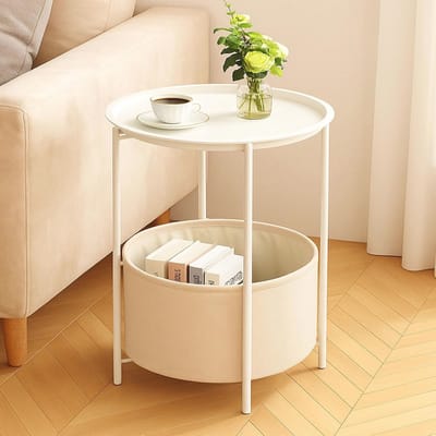 Ronde bijzettafel met stoffen mand en metalen frame - Modern en veelzijdig voor woonkamer, slaapkamer of balkon