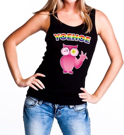 Yoehoe roze knipogende uil gaypride tanktop/mouwloos shirt - zwart singlet regenboog voor dames - Gay pride S