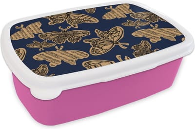 Broodtrommel Roze - Lunchbox - Brooddoos - Patroon - Muziek - Vlinders - 18x12x6 cm - Kinderen - Meisje