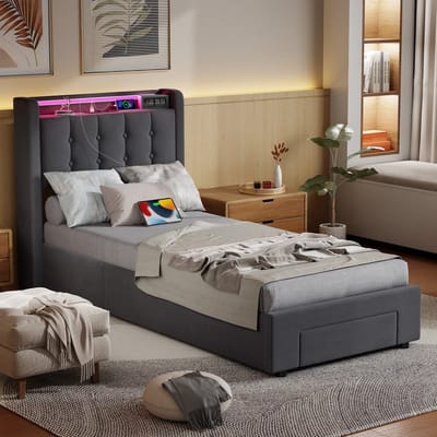 REDOM Bed 90x200 cm – Eenpersoons Bedframe met LED-verlichting – Houten Design – Donkergrijs