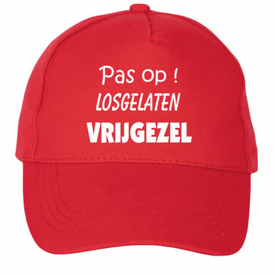 Mijncadeautje - 5 panel - Cap - Verstelbaar - Pet van 100% dik geborsteld katoen- unisex - opdruk wit - Pas op ! Losgelaten Vrijgezel - rood