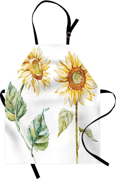 ABAKUHAUS Aquarel kookschort, verleidelijke zonnebloemen, zomergeïnspireerd landbouwontwerp, kleurenfestijn, in hoogte verstelbaar, wasbaar, heldere digitale print, lichtgeel, groen, bruin, geel