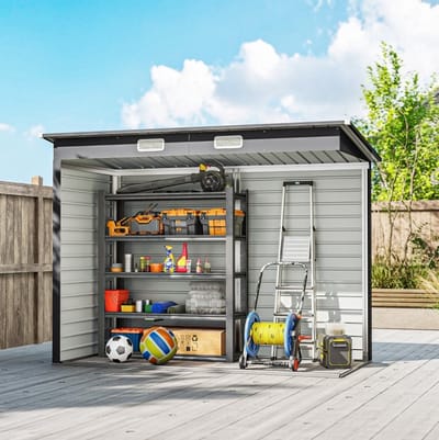 Wishdor - Schuur - Met dubbele deuren en ventilatieopeningen - Stalen tuinberging - Voor tuin en terras - Grijs - 249 x 121 x 183 cm