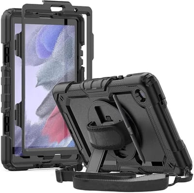 Hoes met ingebouwde Screenprotector Geschikt voor Samsung Galaxy Tab A7 Lite | Inclusief 360° Draaibare Handriem en Schouderriem | Extreme bescherming | Ideaal voor zakelijk gebruik | Zwart