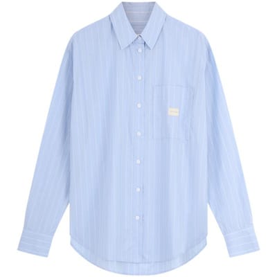 Calvin Klein Casual Commuter Label Patch Losse Pasvorm Katoenen Lange Mouw Shirt Dames shirts Blauw Gestreept J224675-CDN XS white