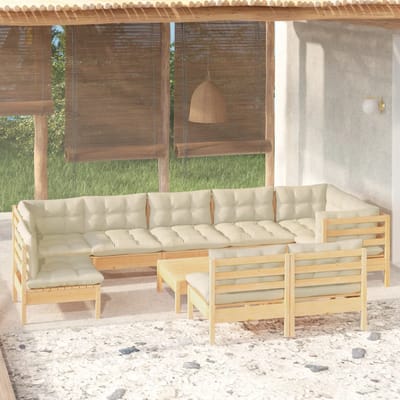 vidaXL - 10-delige - Loungeset - met - crèmekleurige - kussens - grenenhout