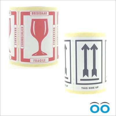 Set - Verhuis stickers - verzend etiketten - 500 stickers This Side Up - 500 stickers Breekbaar - Handzame rol - 110mm x 80mm
