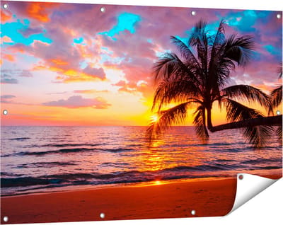 Gards Tuinposter Tropisch Strand tijdens Zonsondergang - 120x80 cm - Tuindoek - Tuindecoratie - Wanddecoratie buiten - Tuinschilderij