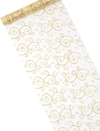 HOBI - Gouden organza tafelloper met glitterarabesken 28 cm x 5 m op rol