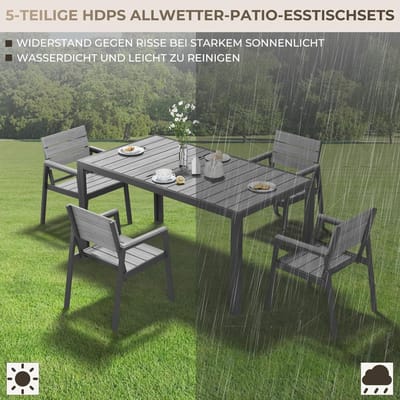 Tuinmeubelset 150x80 cm 4 Personen Aluminium Houtlook Tuintafel met 4 Stoelen en Armleuningen – Weerbestendige Balkon- en Terrasmeubelen Grijs – Laura