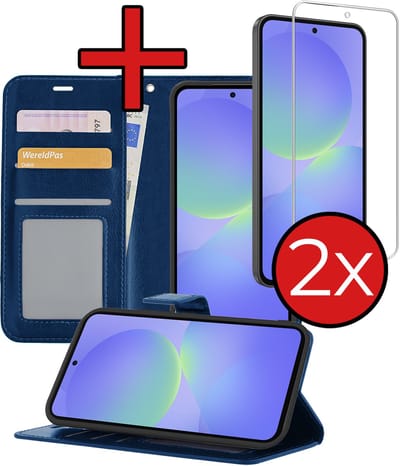 Hoesje - Met 2x Screenprotector - Geschikt voor Samsung Galaxy A36 - Luxe Pasjeshouder - Flip Case - Bookcase Portemonee - Kunstleer Book Case - Flipcase Hoes - Book Cover - Walletcase - Portemonneehoes - Telefoonhoes - Donkerblauw