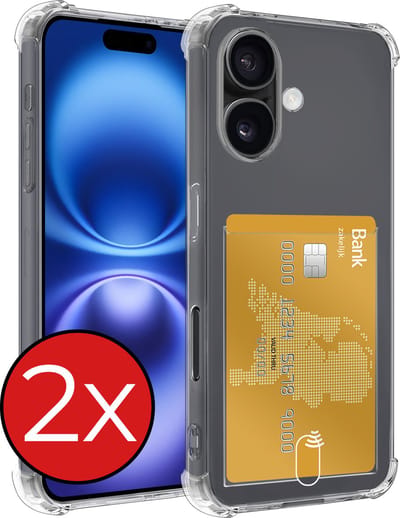 Hoesje - 2 Stuks - Geschikt voor Apple iPhone 16 - Met Pashouder en Kaarthouder - Telefoon Hoes Shockproof - Back Cover - Siliconen Case - Shock Proof - Pasjes Houder - Telefoonhoes - Transparant
