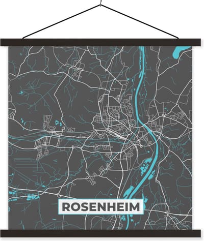 Posterhanger incl. Poster 60x60 cm - Schoolplaat - Plattegrond – Rosenheim – Blauw – Stadskaart – Kaart - Duitsland - Textielposter - Zwarte latten - Stadskaart