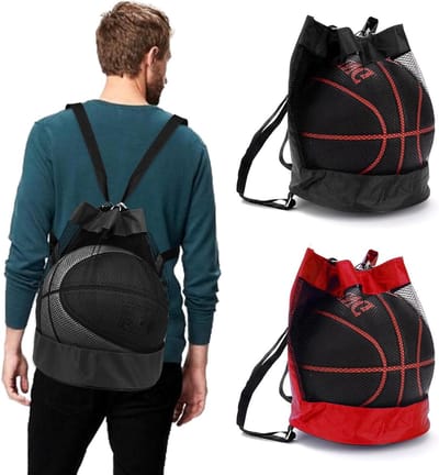 Inovra Plus - Ballentas met Net voor 2 Ballen, Opvouwbare Multifunctionele Sportrugzak voor Voetbal met Trekkoord, Draagbaar voor Tennis en Volleybal (Rood en Zwart)