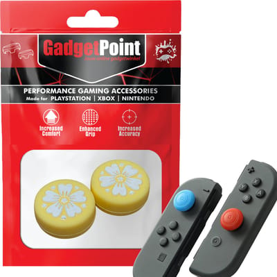 Gadgetpoint - Thumb Grips voor Nintendo Switch Joy-Con Controllers - Gaming Thumbgrips - Performance Anti-Slip Thumbsticks - Bescherming Accessoires - Bloemetjes - Geel met Wit