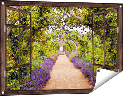 Gards Tuinposter Doorkijk Lavendel Pad - 90x60 cm - Tuindoek - Tuindecoratie - Wanddecoratie buiten - Tuinschilderij