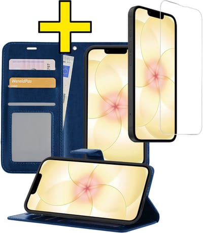 Hoesje - Met Screenprotector - Geschikt voor Apple iPhone 17e - Luxe Pasjeshouder - Bookcase Portemonee - Flip Case - Kunstleer Book Case - Flipcase - Book Cover - Walletcase - Portemonneehoes - Telefoonhoesjes - Donkerblauw