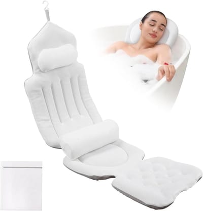 Thijox - Full-body badkussen wit met waszak, ademend en antislip, ontspanningsaccessoire voor bad, spa, wellness, 134 x 41 cm, machinewasbaar