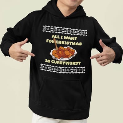 Foute Kerst Hoodie Zwart All I want For Christmas Is Currywurst XS - Uniseks Pasvorm - Kerstkleding Voor Dames & Heren
