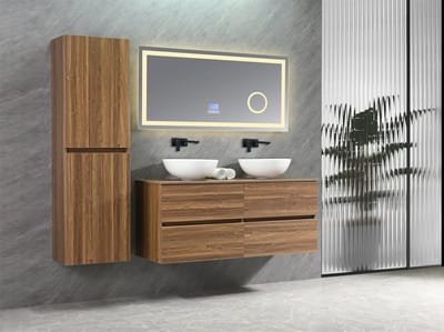 Badkamermeubel B-130 - kleur Donker Bruin Eiken - 2 wit keramische waskommen - Bluetooth LED Spiegel - Kolomkast