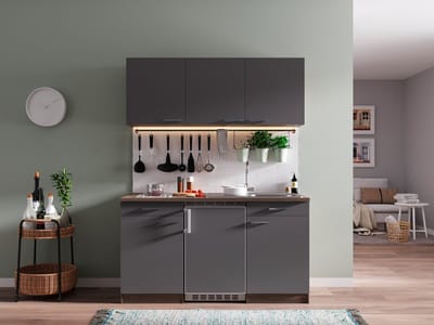 Goedkope keuken 150  cm - complete kleine keuken met apparatuur Oliver - Donker eiken/Grijs - keramische kookplaat  - koelkast          - mini keuken - compacte keuken - keukenblok met apparatuur