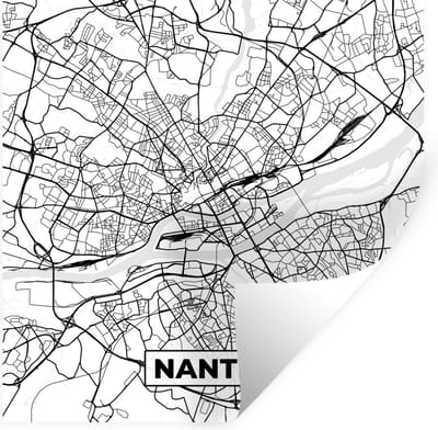 Muurstickers - Sticker Folie - Plattegrond - Nantes - Kaart - Frankrijk - Stadskaart - Zwart wit - 100x100 cm - Plakfolie - Muurstickers Kinderkamer - Zelfklevend Behang XXL - Zelfklevend behangpapier - Stickerfolie
