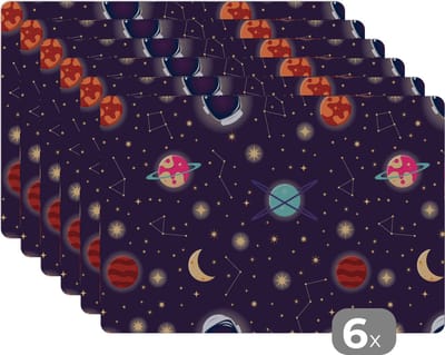 Placemat - Placemats kunststof - Space - Zodiac - Sterren - Design - Heelal - 45x30 cm - 6 stuks - Hittebestendig - Anti-Slip - Onderlegger - Afneembaar