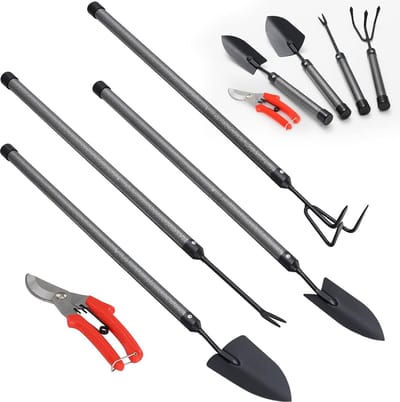 Tuingereedschap, 5-delige roestvrijstalen tuingereedschapset, kleine draagbare transplanter, troffel, onkruidsnijder, boomschaar voor potplanten en tuinhandwerkwieder