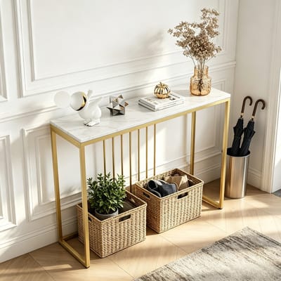 FATIVO Consoletafel marmerlook- Haltafel - Wandtafel - Metalen frame - wit & goud - 100 × 30 ×78,5 cm - Voor Hal, Woonkamer