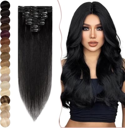 Clip-In Echte Haar Extensions, Zachte Steile Haarstukken, 8 Strengen, 100% Remy Menselijk Haar, Dun, 45 cm (70 g), Zwart - Perfect voor Volumineus Haar en Stijlvolle Look