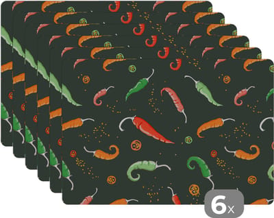 Placemat - Placemats kunststof - Peper - Patronen - Zaden - 45x30 cm - 6 stuks - Hittebestendig - Anti-Slip - Onderlegger - Afneembaar