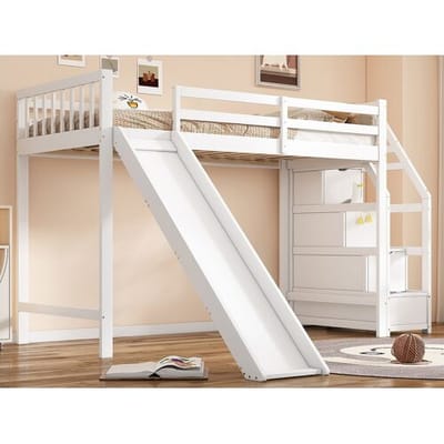 Merax Hoogslaper 90 x 200 cm met 3 lades en glijbaan - grenenhout + MDF - lattenbodem - wit