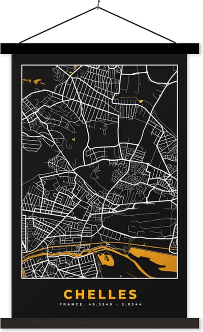 Posterhanger incl. Poster 40x60 cm - Schoolplaat - Frankrijk - Chelles - Stadskaart - Plattegrond - Kaart - Textielposter - Zwarte latten - Stadskaart