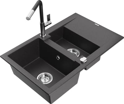 Mexen Gaspar granieten gootsteen 1,5-kamer met afdruiprek en Flora keukenmengkraan, zwart gesprenkeld - 6507-76-670401-07