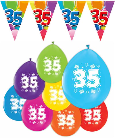 Feestpakket 35 jaar / 8 ballonnen en 1 vlaggenlijn 10 meter - Versiering Slinger Feestdecoratie Decoratie Verjaardag Jubileum Ballon Feest