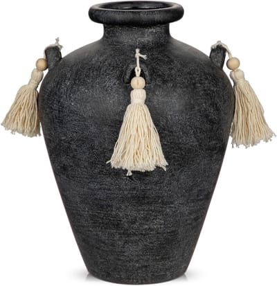 Vintage Zwarte Keramische Vaasje van 24 cm voor Bloemen, Hydrangea en Eucalyptus - Boho Decoratie voor Woonkamer, Slaapkamer en Badkamer