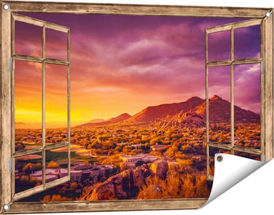 Gards Tuinposter Doorkijk Woestijn Landschap met Zonsondergang - 90x60 cm - Tuindoek - Tuindecoratie - Wanddecoratie buiten - Tuinschilderij