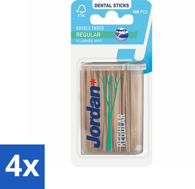 4 x Jordan Tandenstokers Double Ended Regular 100 stuks per verpakking - Tandenstoker - Tandenstokers - Tanden Reinigen - Tandplak Verwijderen - Interdentale Ruimte Reinigen