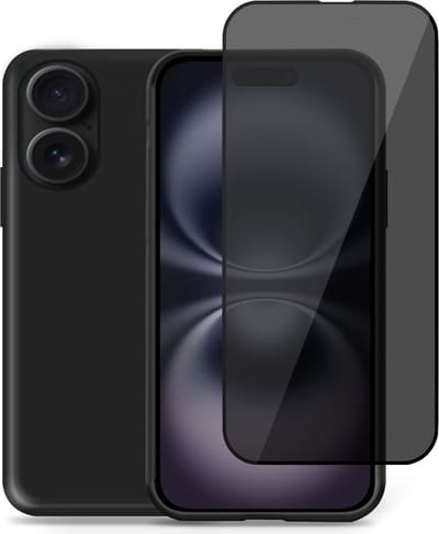 Hoesje + Privé Screenprotector geschikt voor Apple iPhone 16 – Privacy Tempered Glass - Back Case Cover Zwart